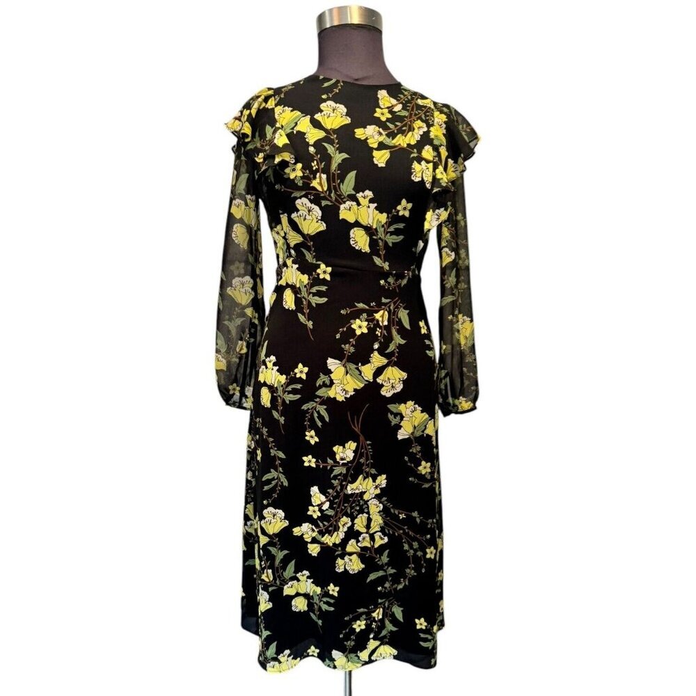 Who What Wear Women's Midi Long Sleeve Dress Black Yellow Flowers Large Sheer